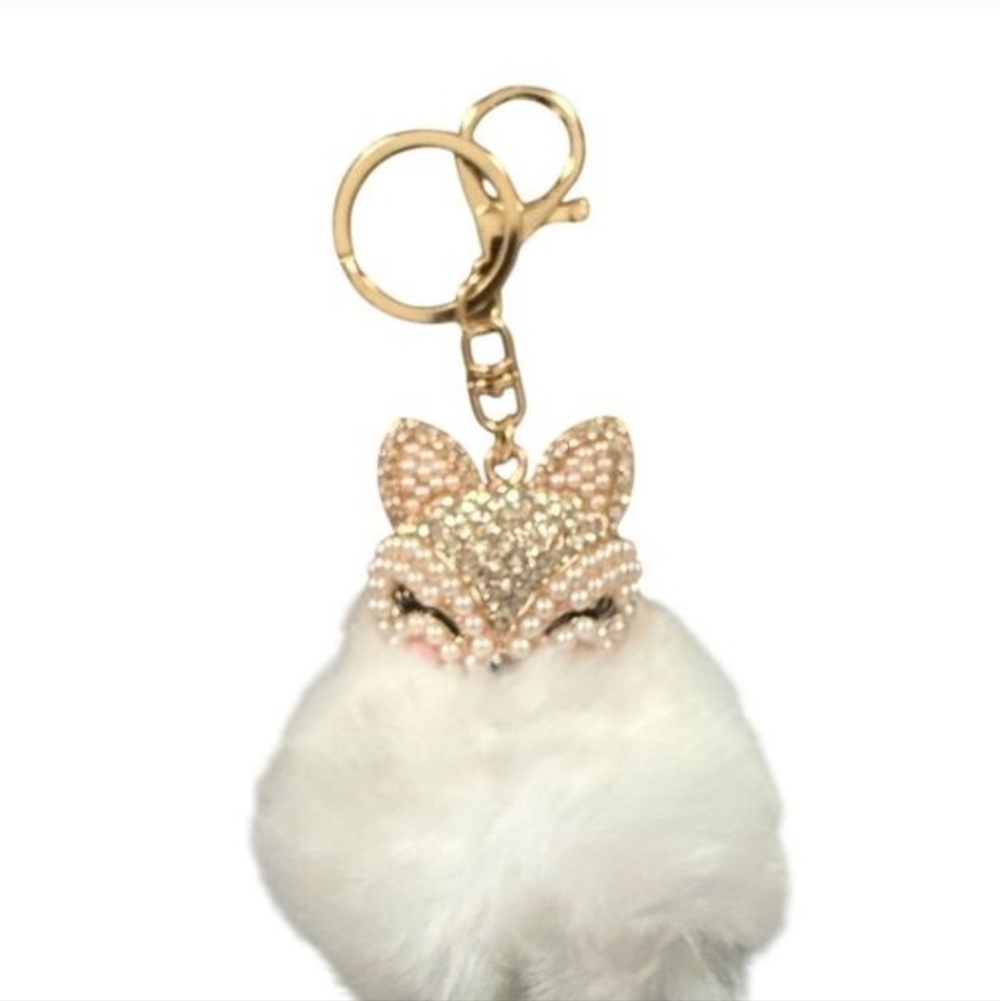 Crystal Fox Pom Pom Keychain - White Fur